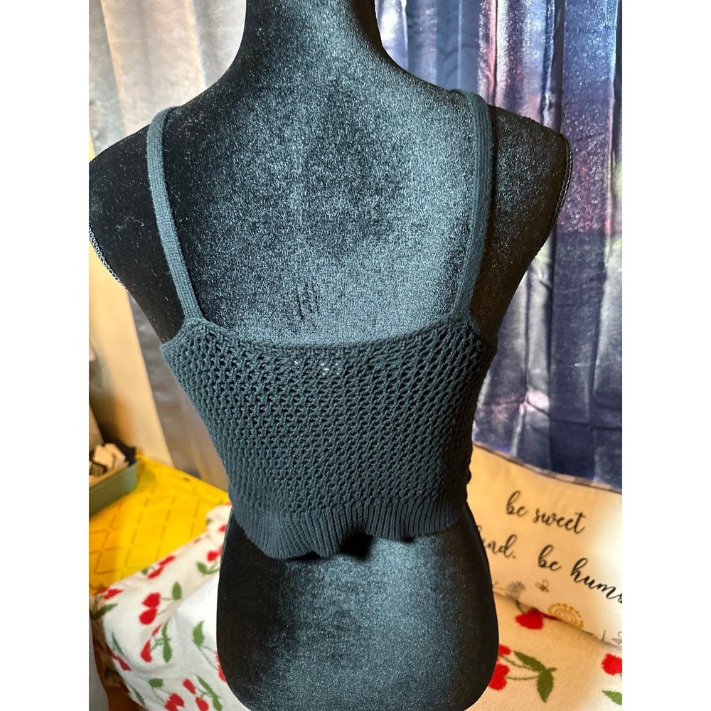 American Eagle Knitted Crop Top Black Embroidered Flowers Y2K Festival Summer - Picture 3 of 7